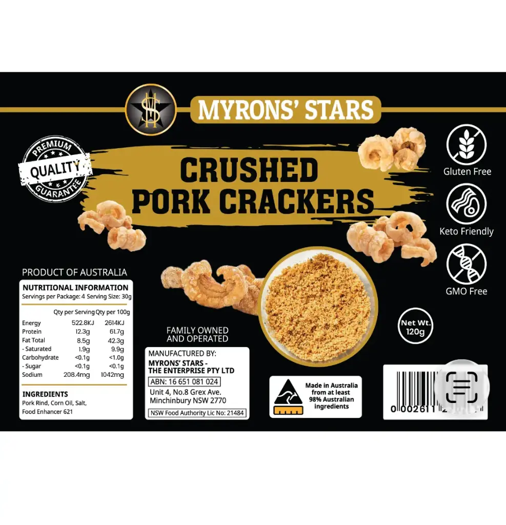Myrons' Stars Pork Crackers Crushed 30x120g ***New Product***
