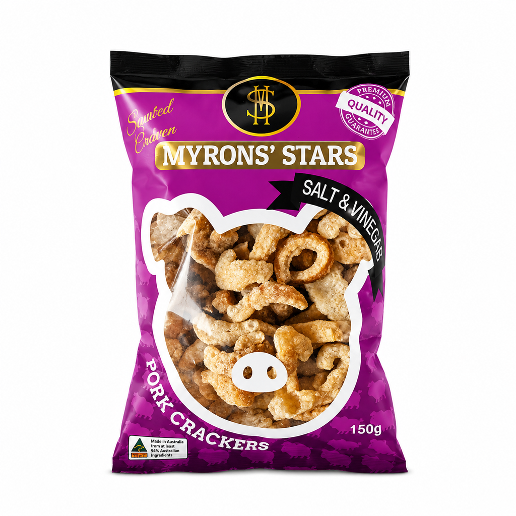 Myrons' Stars Pork Crackers Salt & Vinegar 40x150g