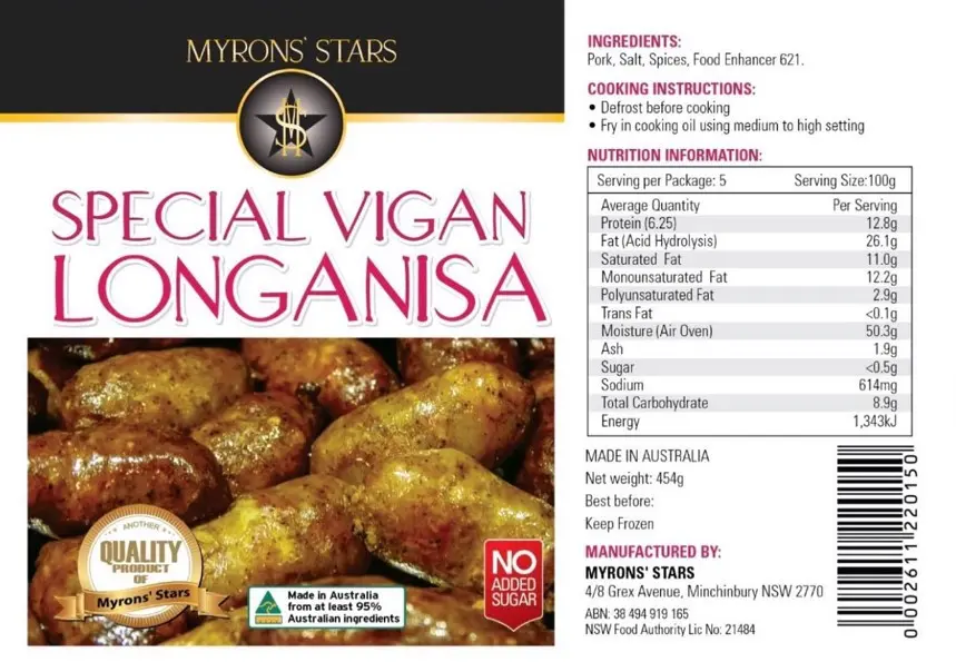 FROZEN Myrons' Star Longanisa Special Vigan 30x454g
