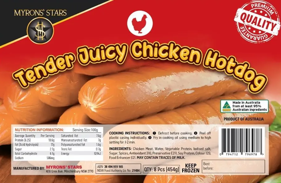 FROZEN Myrons' Star Tender Juicy Chicken Hotdog 30x454g 