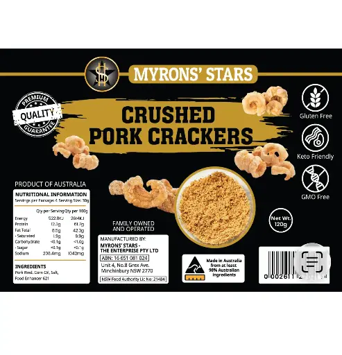 [MYR-CRU-001] Myrons' Stars Pork Crackers Crushed 30x120g ***Back In Stock***