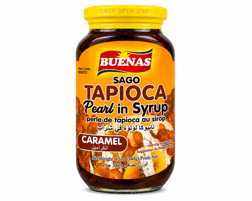 [BUE-TPC-037] Buenas Tapioca Pearls in Caramel Syrup 24x340g (Small) ***New Product***