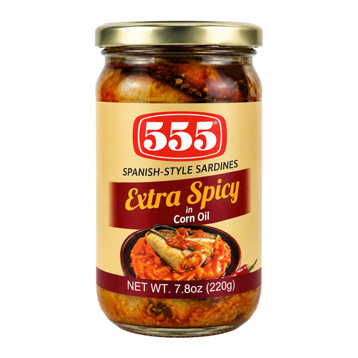 [555-ESP-001] 555 Bottle Spanish Sardines Extra Spicy in Corn Oil 24x220g ***New product***