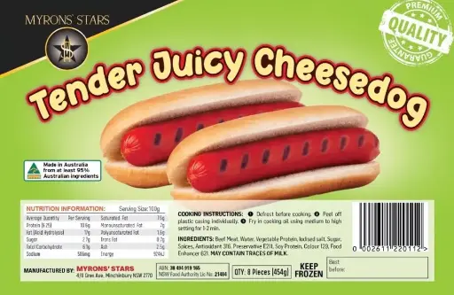 [MYR-CHE-005] FROZEN Myrons' Star Tender Juicy Cheesedog 30x454g