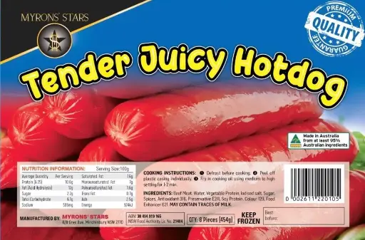 Myrons' Star Tender Juicy Hotdog 30x454g