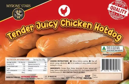 [MYR-CHK-006] FROZEN Myrons' Star Tender Juicy Chicken Hotdog 30x454g 