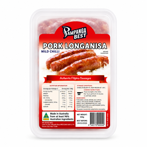 [PAM-MIL-005] FROZEN Pampanga Best Pork Longanisa Mild Chilli 30x450g