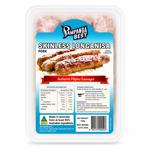[PAM-SKL-007] FROZEN Pampanga Best Pork Longanisa Skinless 30x420g
